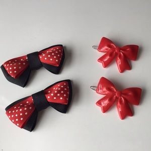 Vintage plastic red bow hair clips barrette and polka dot bow shoe clips